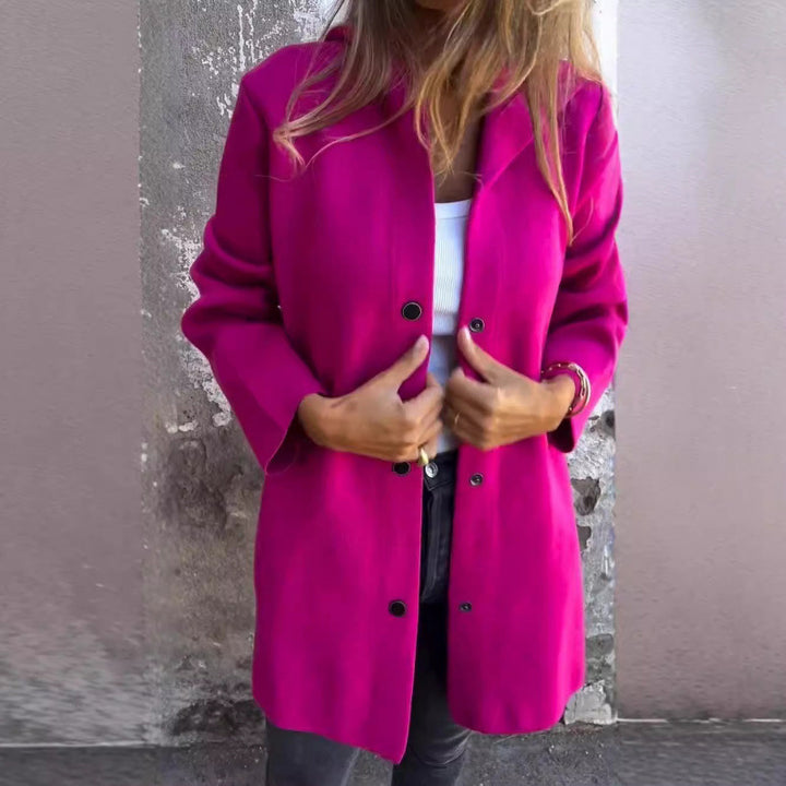 Women's Midi Length Oversized Coat made of Wool Blend with Clear Button Placket and Minimalist Lapels Mune Fashion