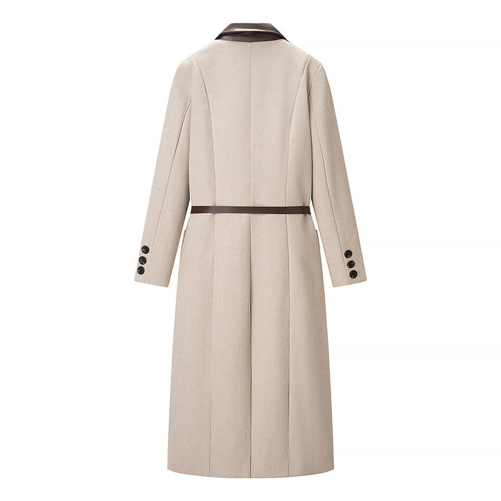 Women Tailored Wool Blend Coat with Herringbone Texture, Contrast Leather Collar and Leather Belt Mune Fashion