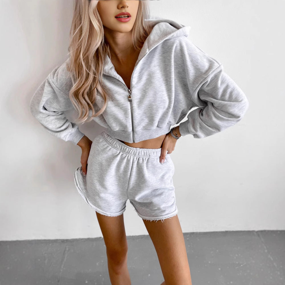 Women's Cropped-Zipper-Hoodie with waist-high fringe shorts lounge set Mune Fashion