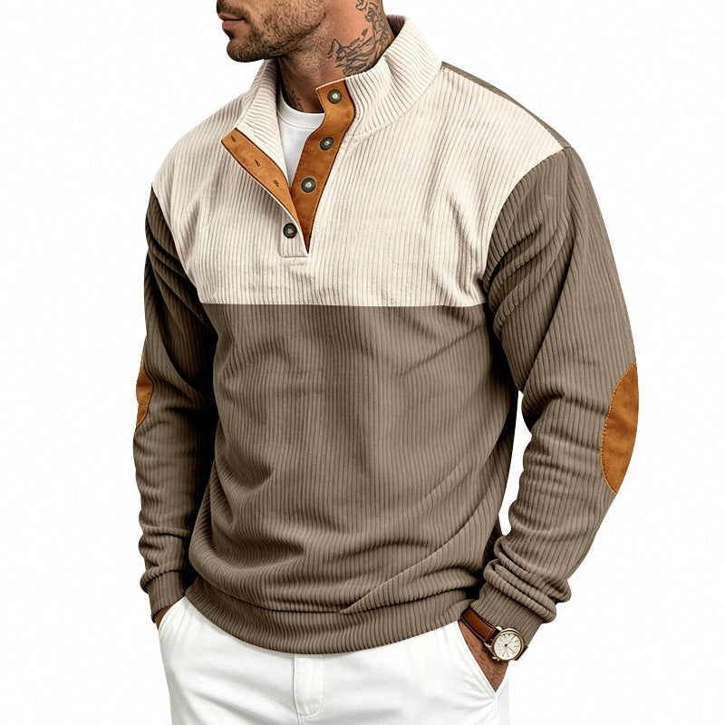 Men's Ribbed Stand-Up Collar Sweater with Button Placket, Contrast Trim and Elbow Patches Mune Fashion