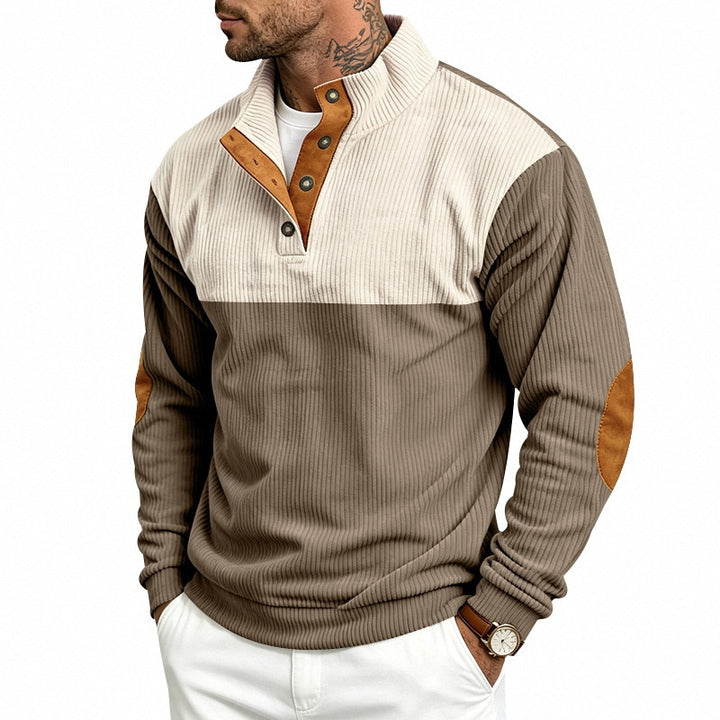 Men's Ribbed Stand-Up Collar Sweater with Button Placket, Contrast Trim and Elbow Patches Mune Fashion
