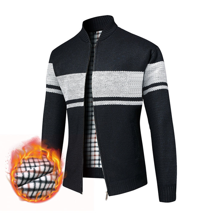 Men's thermal knitted zip jacket with stand-up collar and checkered fleece lining Mune Fashion