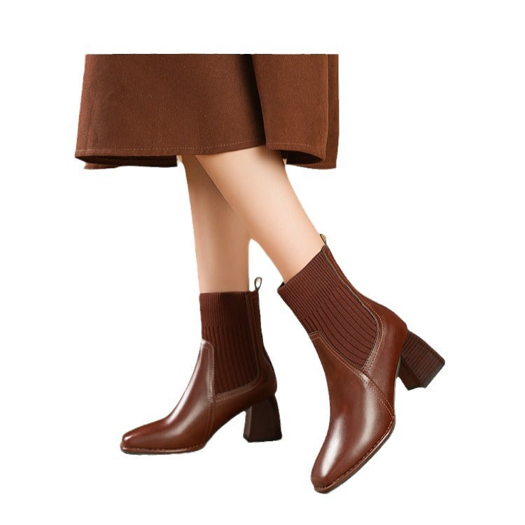 Women Elegant Chunky Ankle Boots with Knit Insert Mune Fashion
