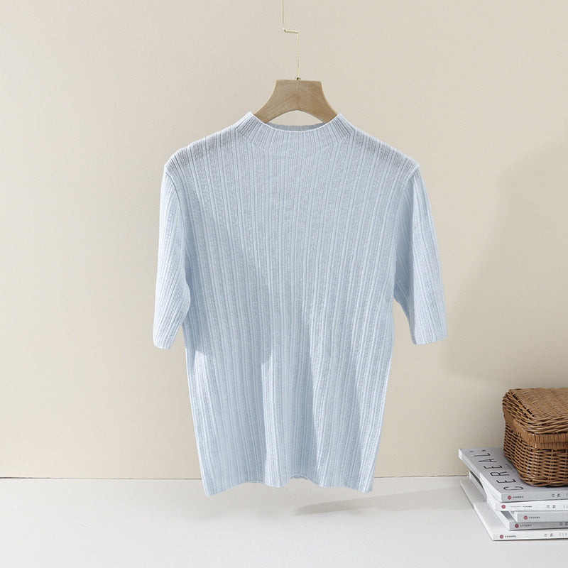 Ladies Fine Ribbed Short Sleeve Fine Knit Top with Stand Collar Mune Fashion
