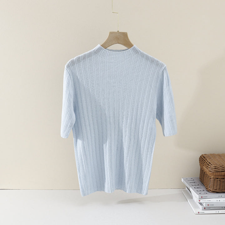 Ladies Fine Ribbed Short Sleeve Fine Knit Top with Stand Collar Mune Fashion