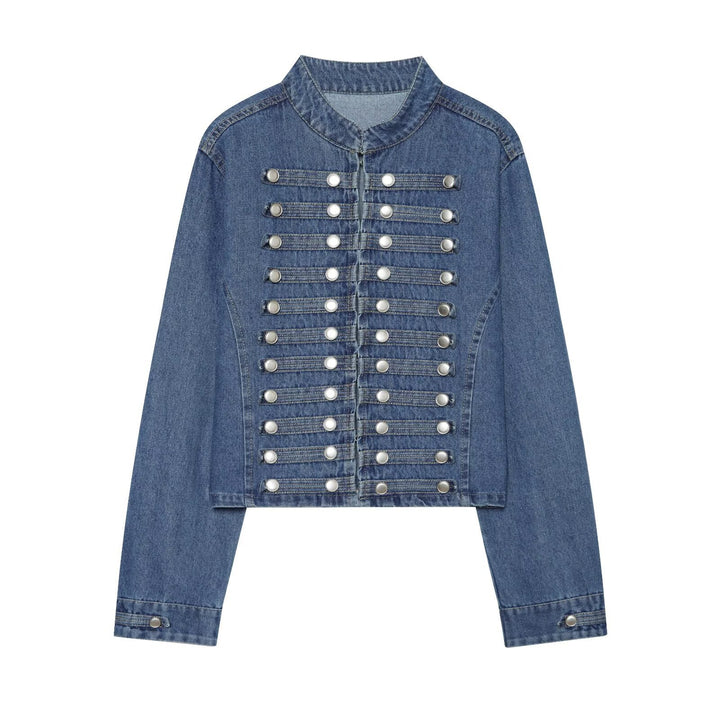 Ladies short cut denim jacket in military style with stand-up collar and decorative button rows Mune Fashion