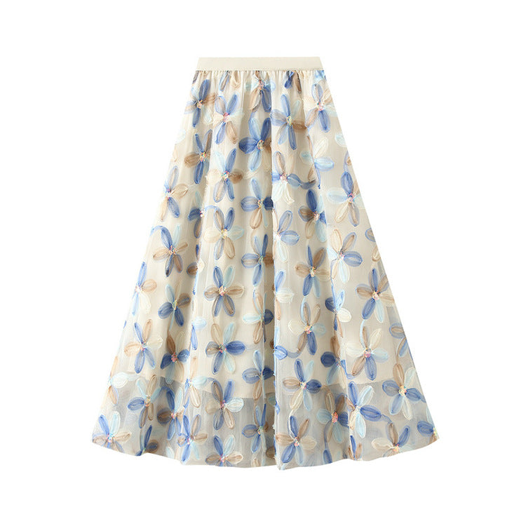 Women's embroidered A-line tulle skirt with 3D floral appliqué and high-waisted elastic waistband Mune Fashion