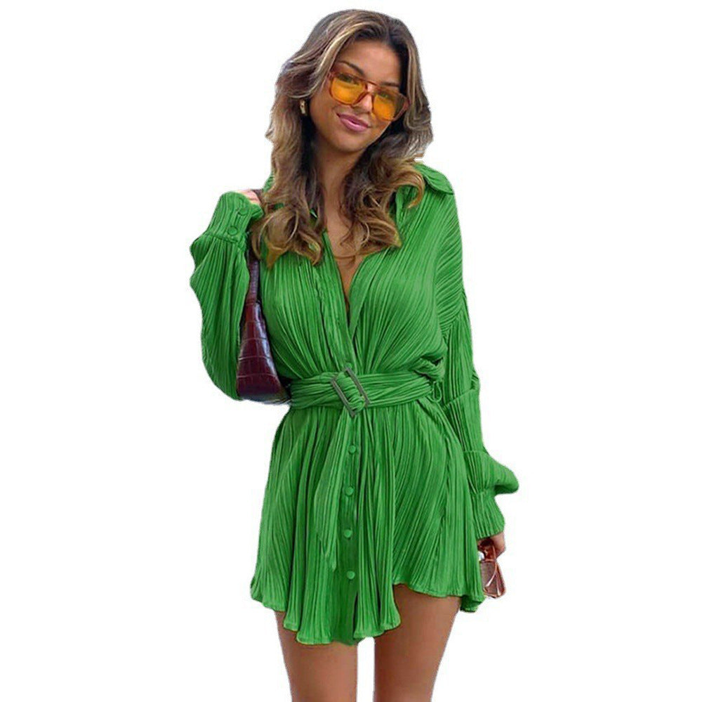 Ladies nan pleated shirt dress with waist belt and concealed button placket Mune Fashion
