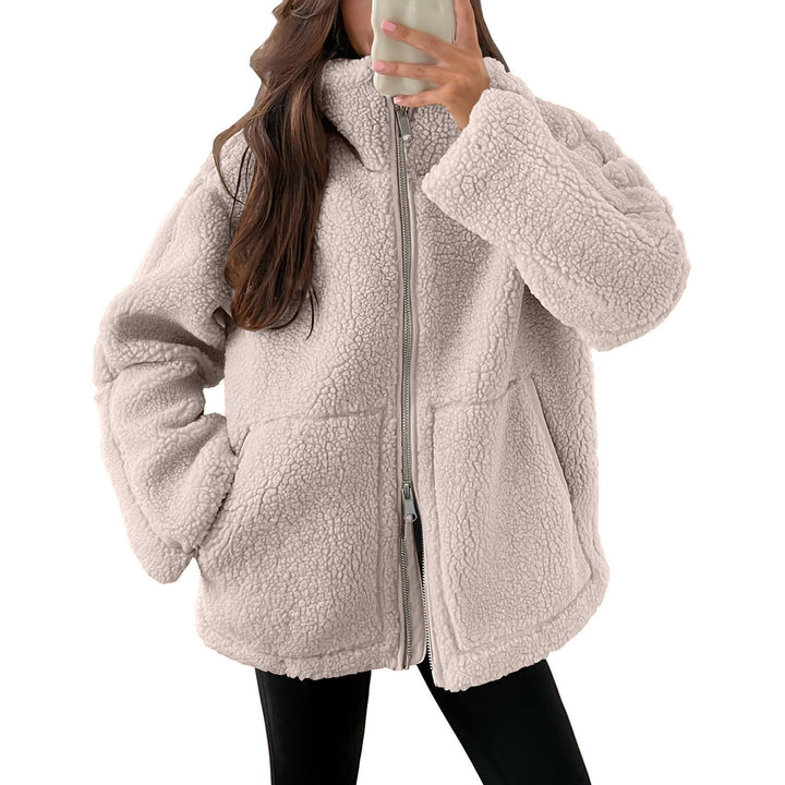 Women's oversized teddy fur jacket with stand-up collar, zipper, and patch pockets Mune Fashion