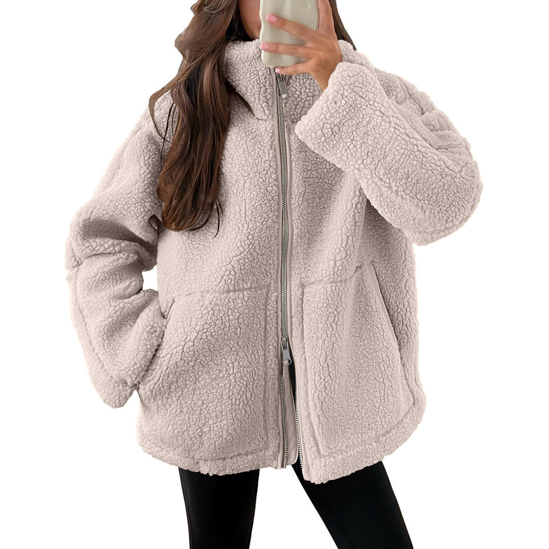 Women's oversized teddy fleece jacket with stand-up collar and full-length zipper Mune Fashion