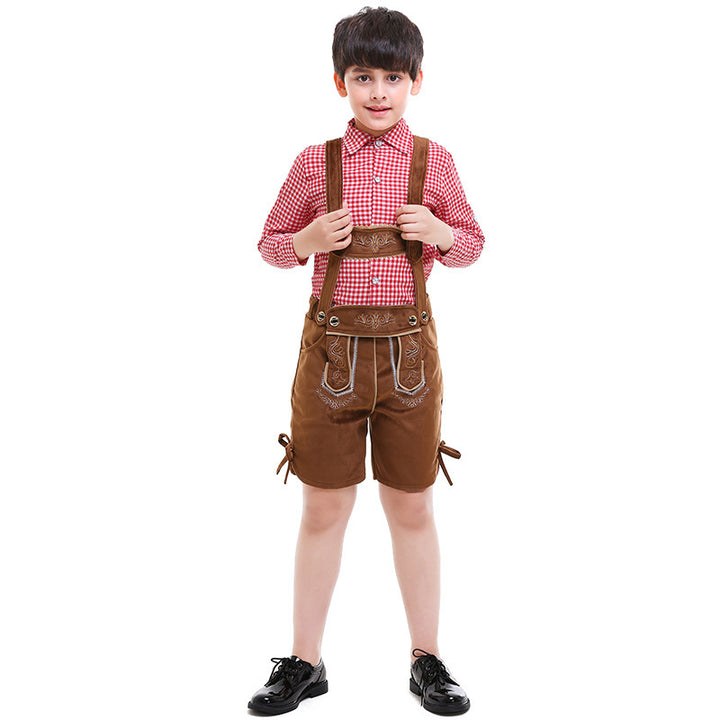 Unisex traditional children's leather trousers with adjustable straps and fine embroidery Mune Fashion