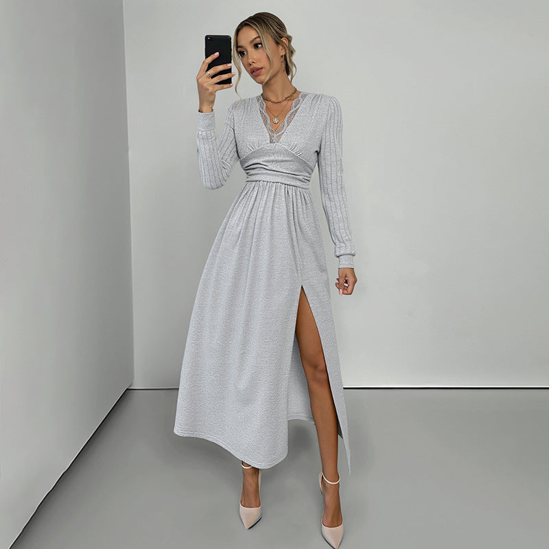 Women's Elegant Wrap Maxi Dress with Lace Trim, Fitted Knot Waist and High Split