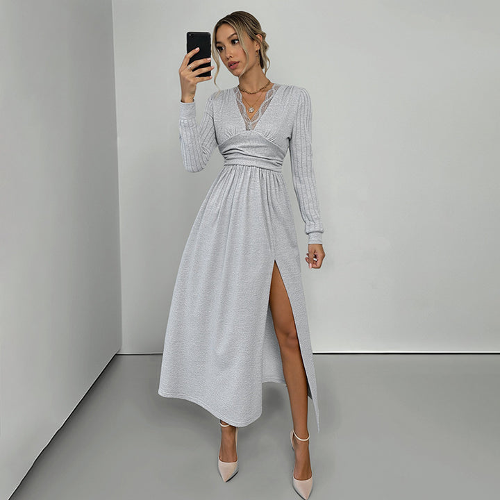 Women's Elegant Wrap Maxi Dress with Lace Trim, Fitted Knot Waist and High Split