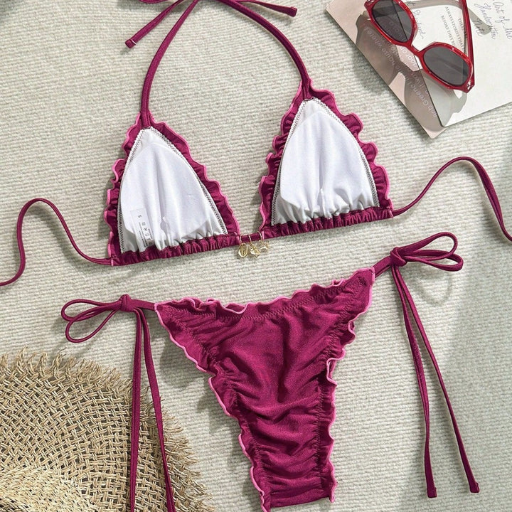 Ladies Triangle Bikini with Ruffle Design and Adjustable Straps Mune Fashion
