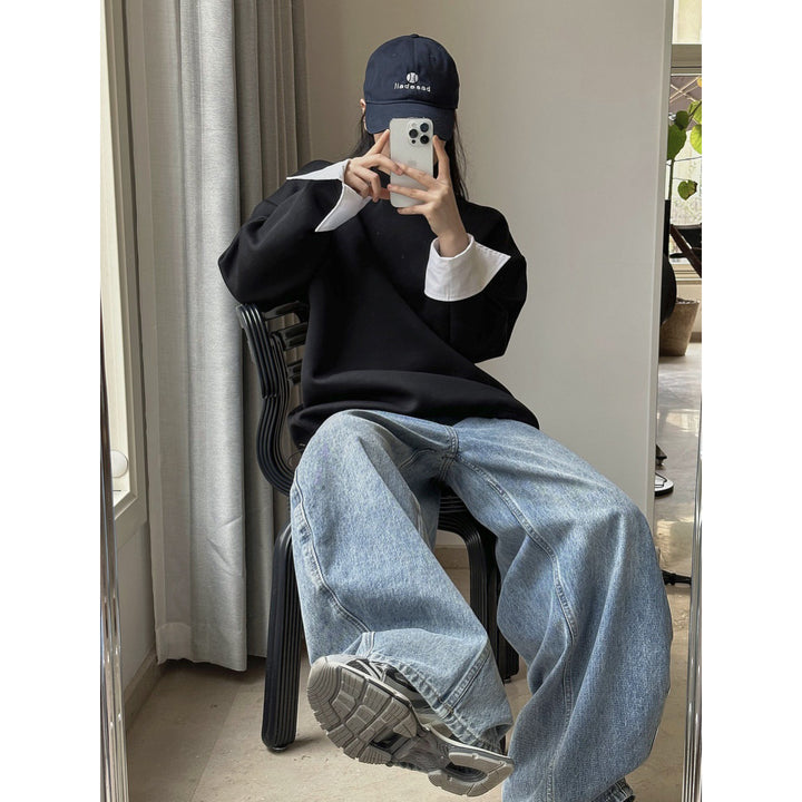 Women Oversized Sweatshirt with Contrast-Trimmed Cuffs Mune Fashion