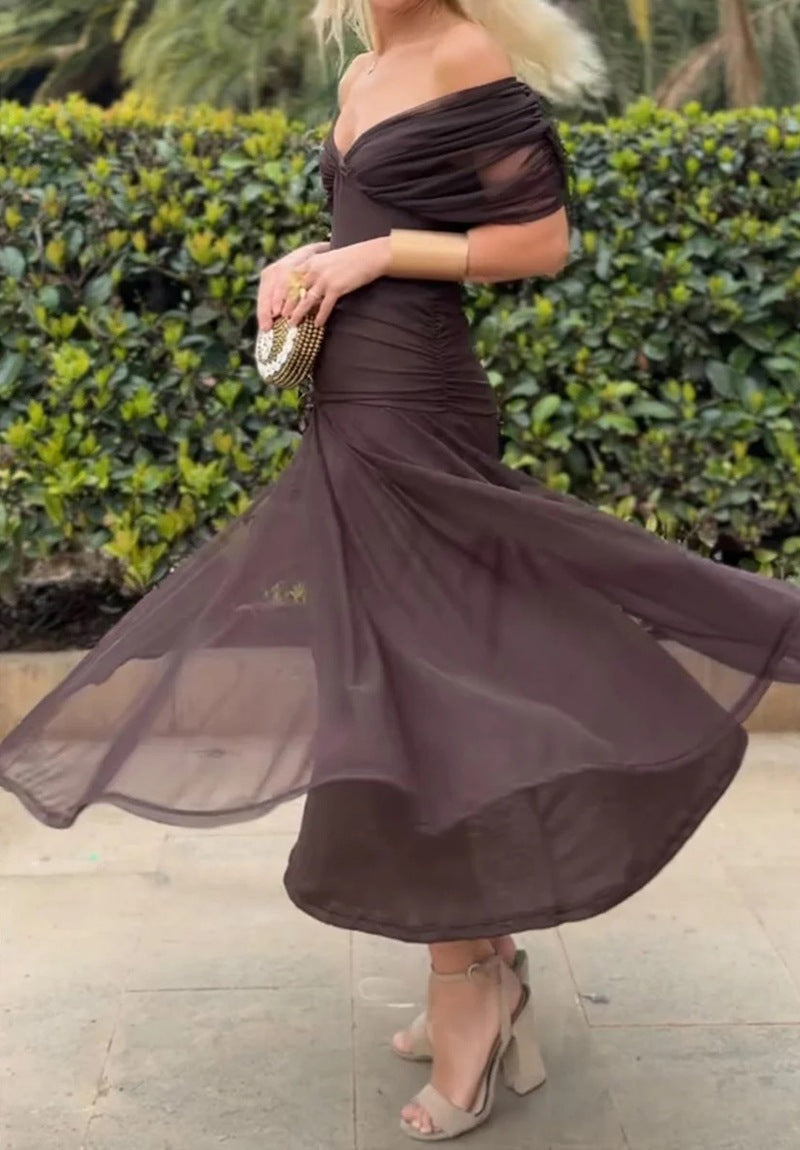 Ladies elegant floor-length evening dress with draped shoulder area and airy chiffon skirt Mune Fashion