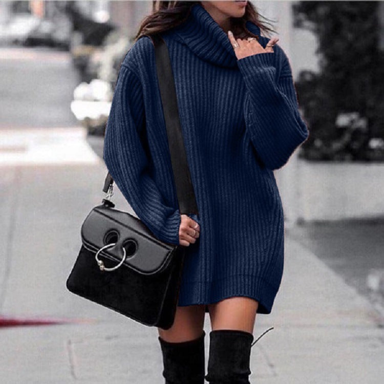 Women Oversized Long Sweater with Roll Neck, Ribbed Fine Knit and Figure-Flattering Tunic Length Mune Fashion