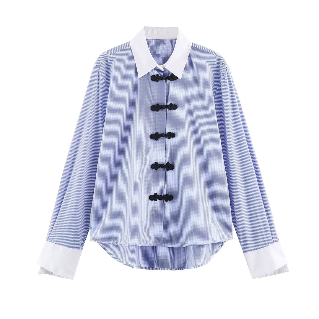 Women's Oversized Shirt Blouse with Frog Button Closures and Contrast Collar Drune