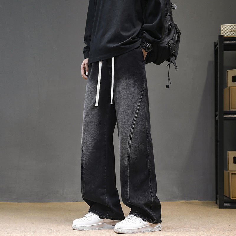 Men's Wide Denim Baggy Jeans with Drawstring Waist, Deep Crotch and Prominent Decorative Stitching Mune Fashion