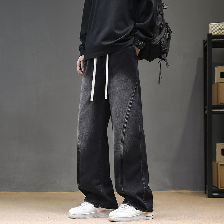 Men's Wide Denim Baggy Jeans with Drawstring Waist, Deep Crotch and Prominent Decorative Stitching Mune Fashion