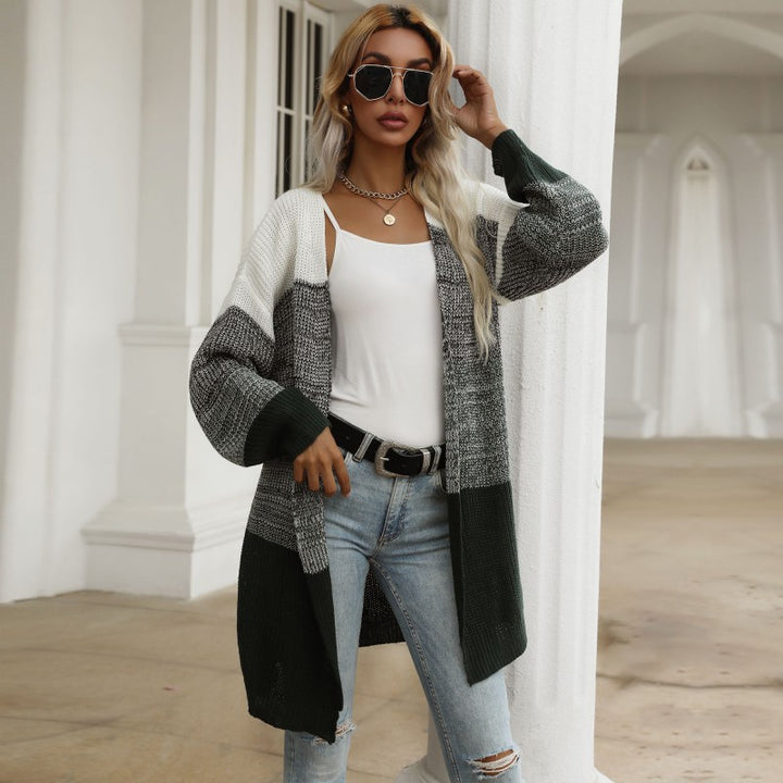 Women Longline Cardigan chunky knit with Colorblock and open front Mune Fashion