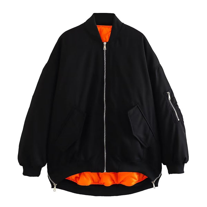 Women's oversized bomber jacket with padded contrast lining, sleeve zipper, and extended hem Mune Fashion