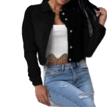 Women short-cut fitted denim jacket with full button placket and shirt collar Mune Fashion