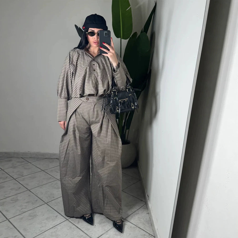 Women's Two-Piece Checked Set with Cropped Oversized Shirt and Wide Pleated Trousers Mune Fashion