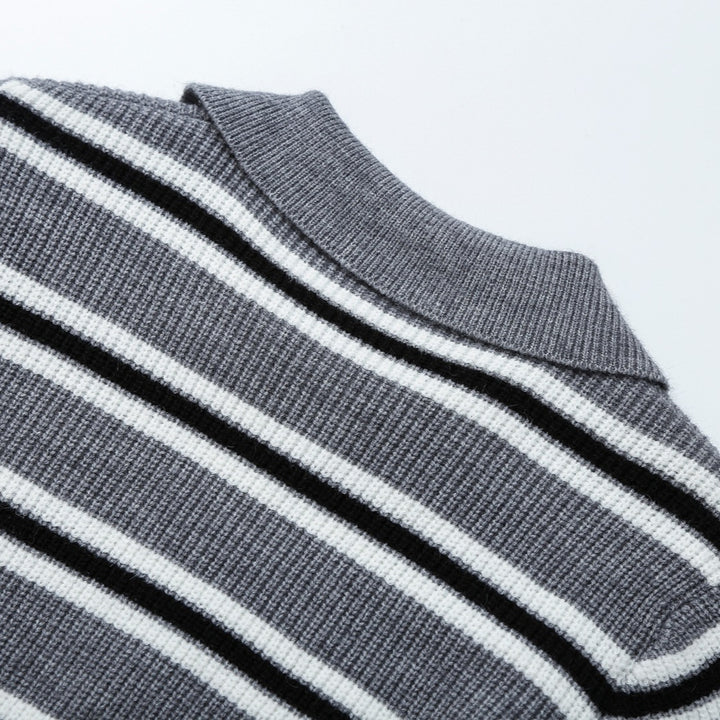 Women's Striped Knit Sweater with Polo Collar and Half Zipper Mune Fashion