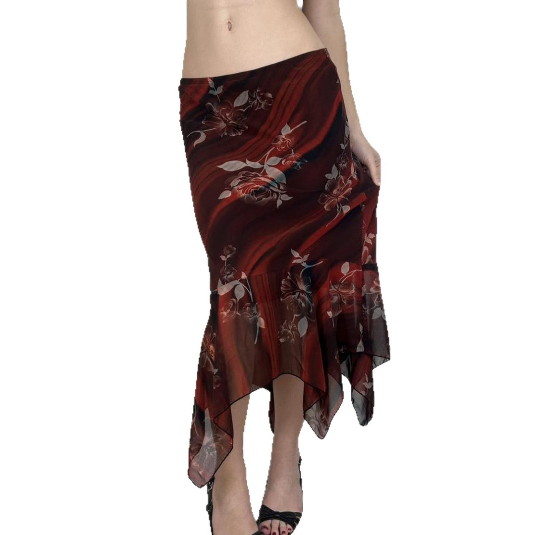 Women Asymmetrical Mesh Midi Skirt with Ruffle Layers and Floral Pattern Mune Fashion