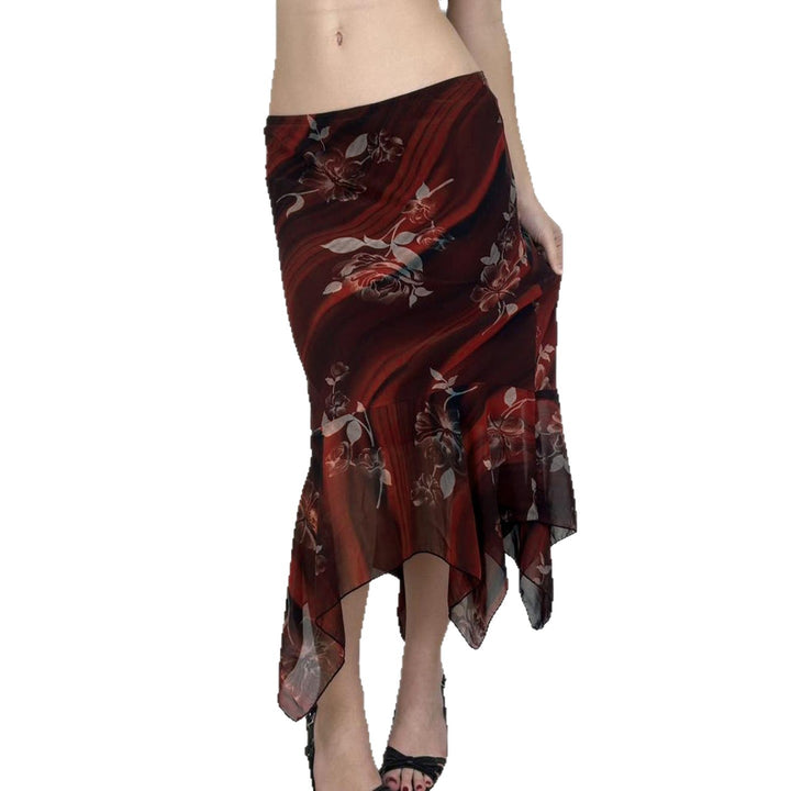 Women Asymmetrical Mesh Midi Skirt with Ruffle Layers and Floral Pattern Mune Fashion