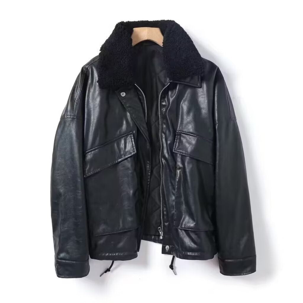 Women Oversized Faux Leather Bomber Jacket with Teddy Collar and Flap Pockets Mune Fashion