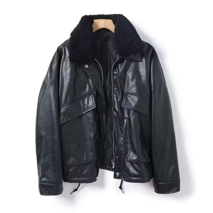 Women Oversized Faux Leather Bomber Jacket with Teddy Collar and Flap Pockets Mune Fashion
