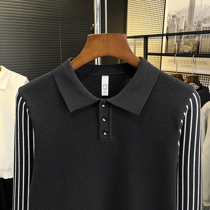 Men's knit polo shirt with contrasting striped sleeves and fine texture Mune Fashion