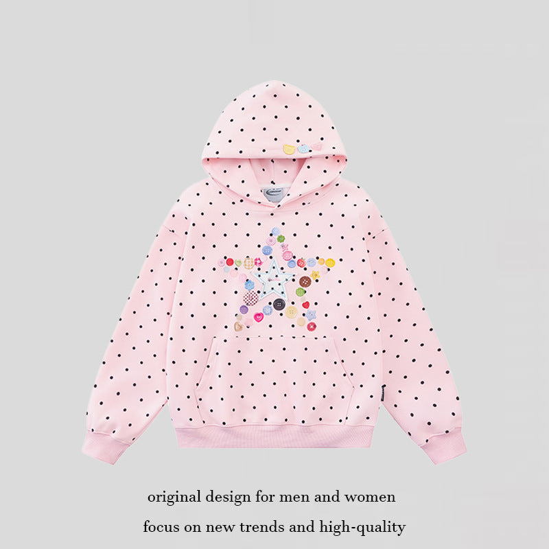 Women's hoodie with button star appliqué, allover polka dot and kangaroo pocket Mune Fashion