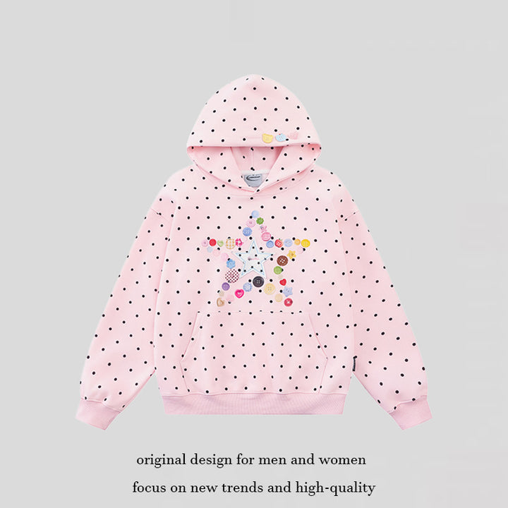 Women's hoodie with button star appliqué, allover polka dot and kangaroo pocket Mune Fashion