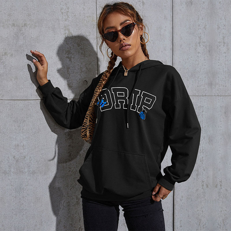 Women's Oversized Hoodie with Kangaroo Pocket and Butterfly Embroidery Mune Fashion