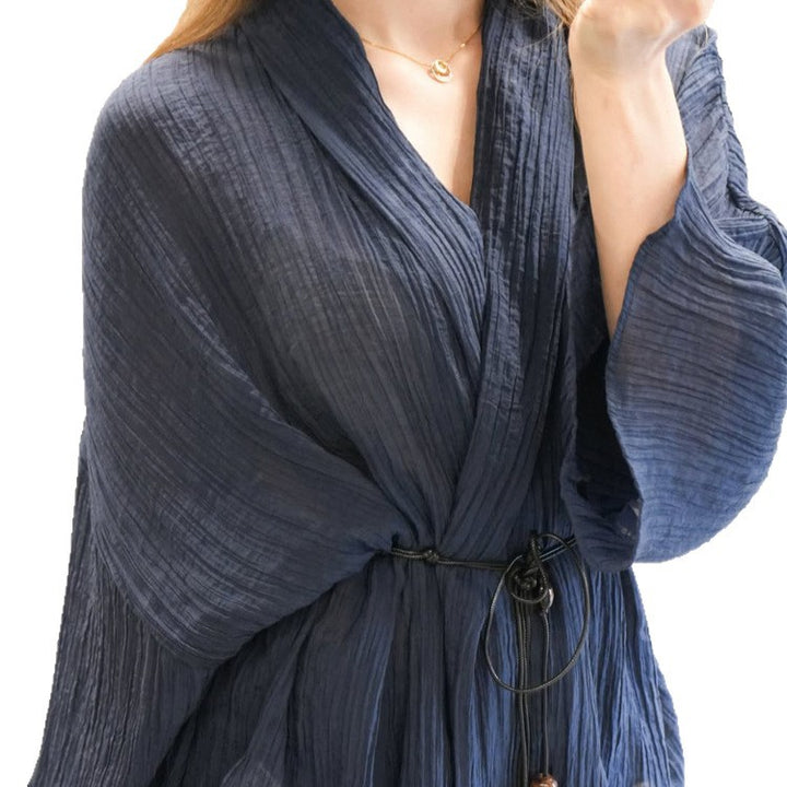 Women's Lightweight Crinkle Two-Piece with Wrap Top, Beaded Band & Wide Palazzo Pants Mune Fashion