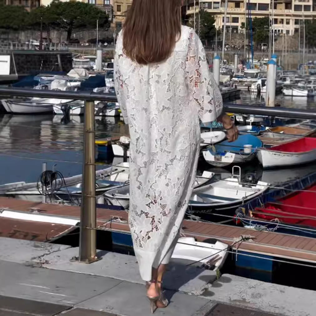 Women's airy lace maxi dress with floral openwork embroidery, loose kimono sleeve cut, and lightweight underdress Mune Fashion