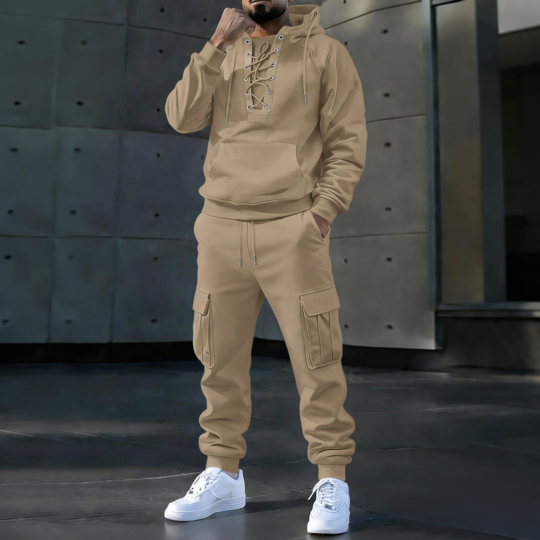 Men's hoodie with distinctive front lacing, kangaroo pocket, and elastic cuffs Mune Fashion