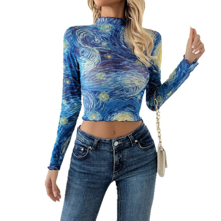 Women's a tight-fitting crop net shirt with stand-up collar and wavy hem Mune Fashion