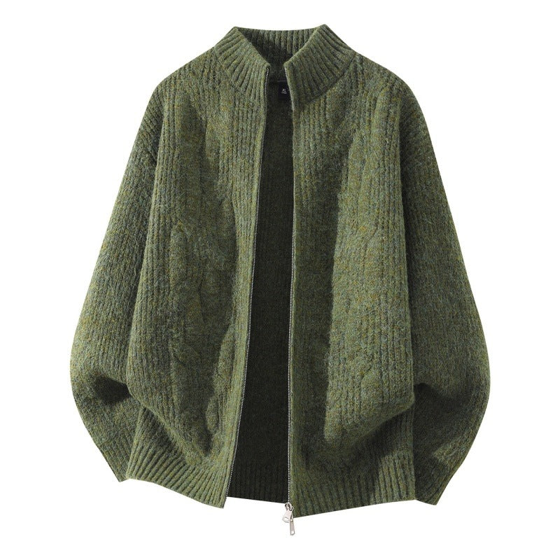 Women Soft Oversized Cable Knit Cardigan with Stand Collar & Two-Way Zipper Mune Fashion