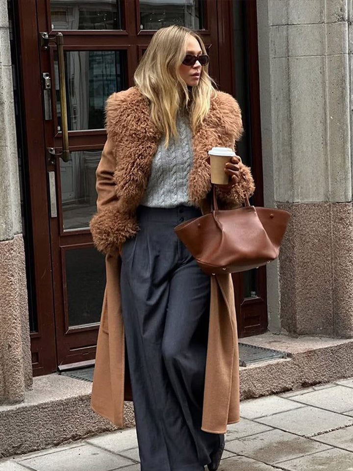 Ladies Maxilength Wool Blend Coat with Detachable Curly Faux Fur Shawl Collar and Fur Cuffs Mune Fashion