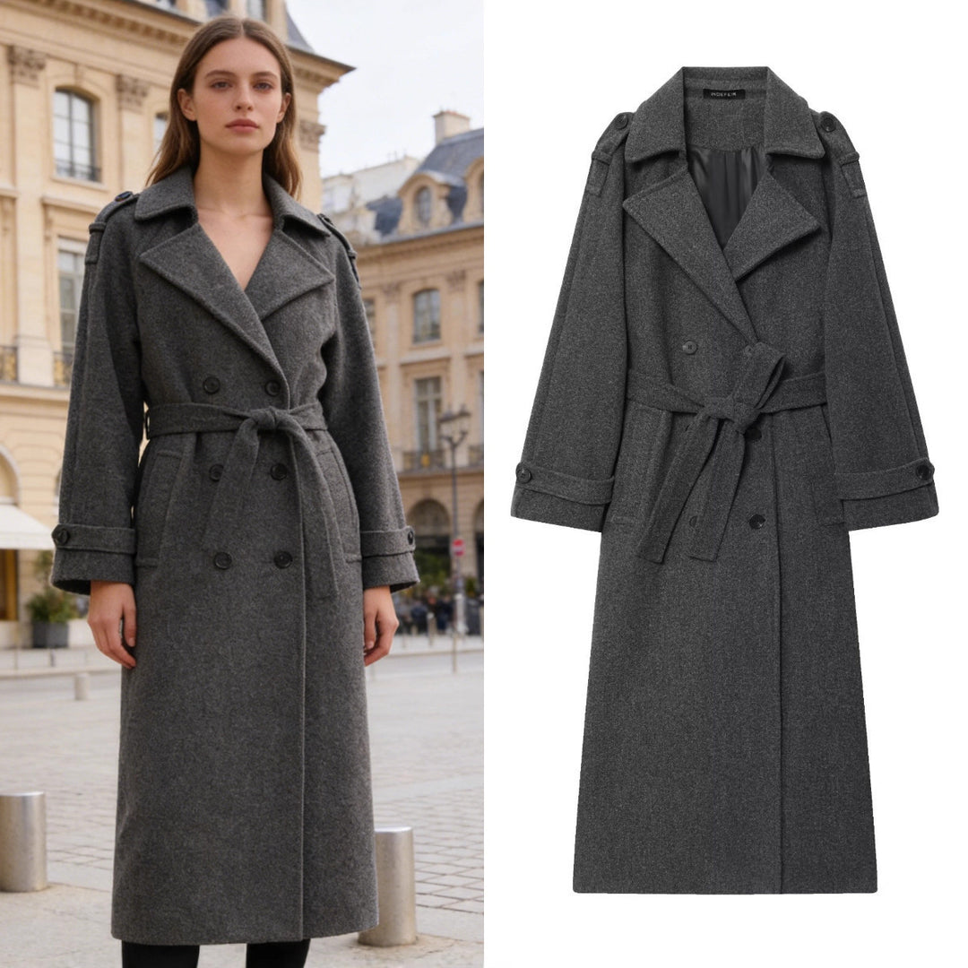 Women's Long Double-Breasted Wool Coat with Waist Belt and Epaulettes Mune Fashion