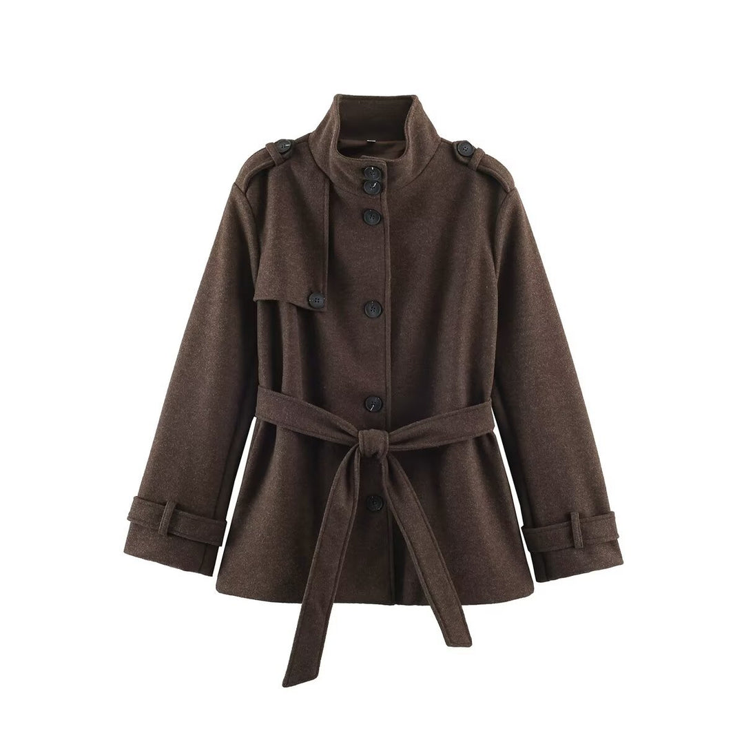 Women's short coat in trench style with tie belt, shoulder pads, and stand-up collar Drune