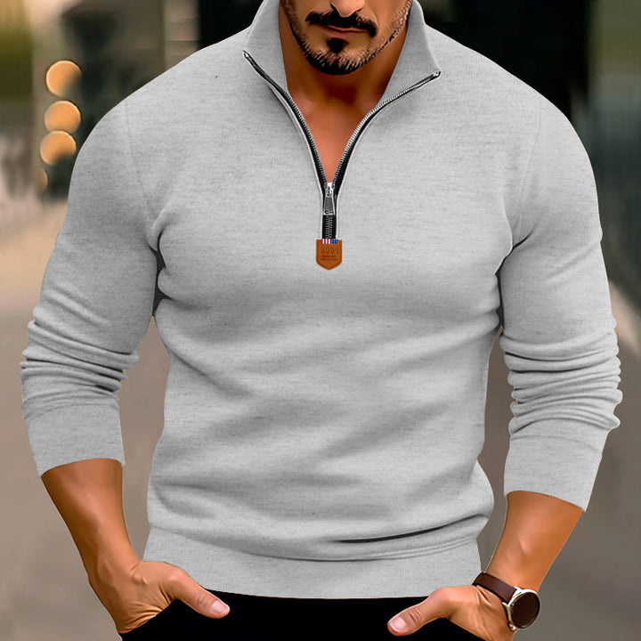 Men's narrow cut fine knit pullover with short zipper, shaping seams, and stretch waistband Mune Fashion