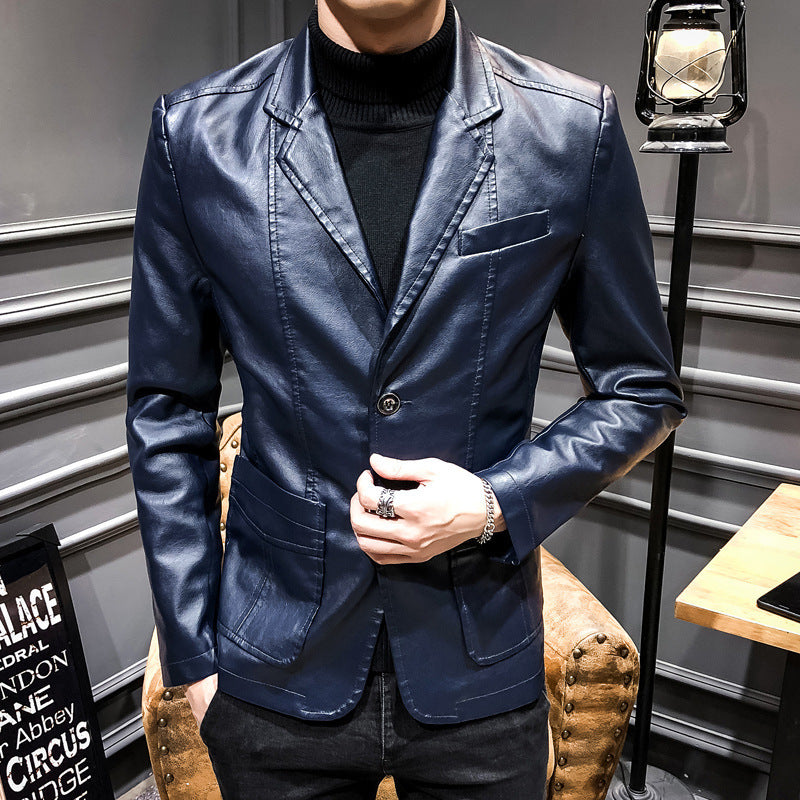 Men's Leather Blazer in Slim Fit with Notch Lapel and Two-Button Front Mune Fashion