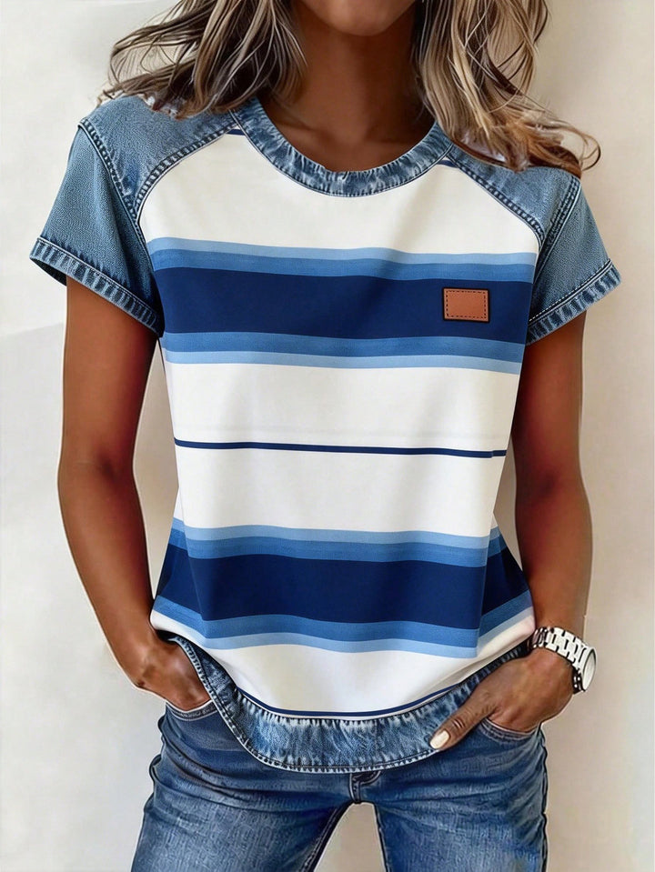 Women's Short Sleeve Shirt with Jeans Inserts and Teddy Patch Print Mune Fashion