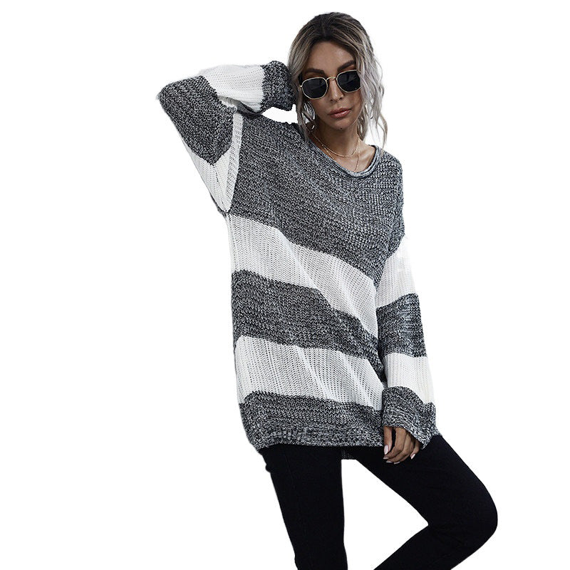 Women Casual Knit Sweater with Block Stripes Mune Fashion