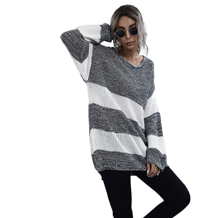 Women Casual Knit Sweater with Block Stripes Mune Fashion